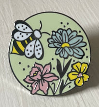Load image into Gallery viewer, Bee and wildflower hard enamel pin badge - green or pink