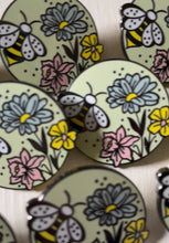 Load image into Gallery viewer, Bee and wildflower hard enamel pin badge - green or pink